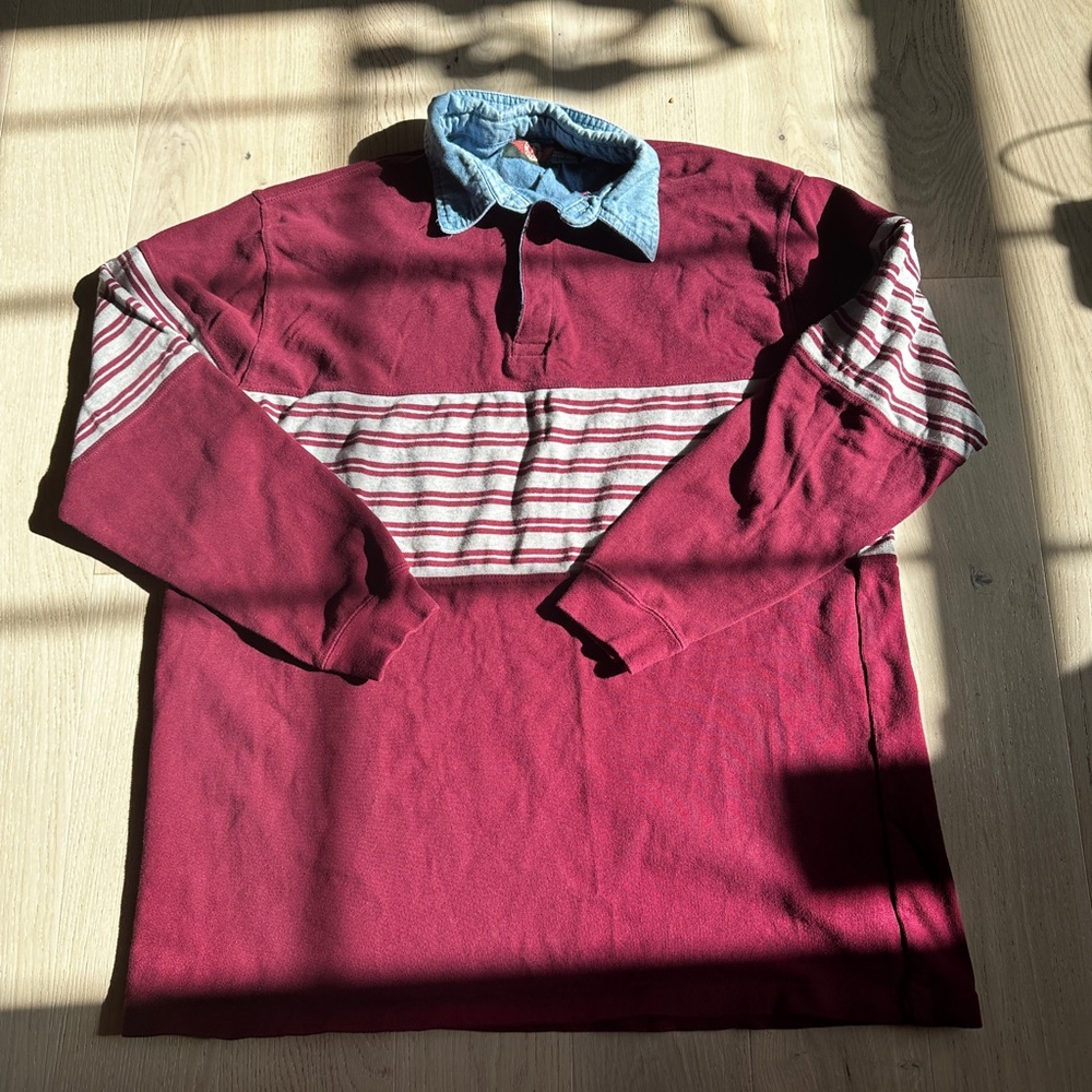Vintage 90s Denim Collar Burgundy and Cream Stripe Long Sleeve Tee Americana